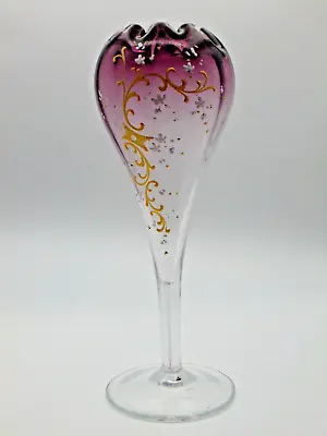 Buy Antique Bohemian Victorian Moser Amethyst Purple Enameled Art Glass Tulip Vase • 158.24£
