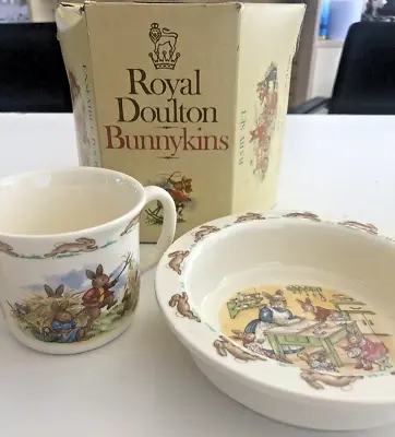 Buy Vintage 1980 Royal Doulton Bunnykins Baby Set, Porringer Bowl & 2 Handled Mug MT • 30£