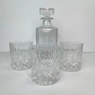 Buy Whiskey Heavy Cut  Square Decanter With Stopper And Set Of Three Glasses • 96.04£