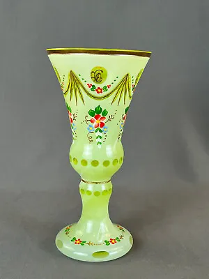 Buy Antique Bohemian Enameled Floral Green Cut Overlay 8 ¼” Glass Vase • 120.63£