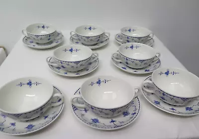 Buy Furnivals Denmark X6 Soup Two Handled Bowls And Saucers Tableware Blue White • 19.99£