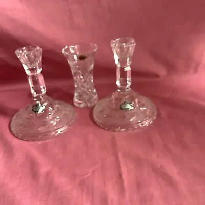 Buy Lead Crystal Pair Cut Glass Candle Holders & Vase • 6.99£