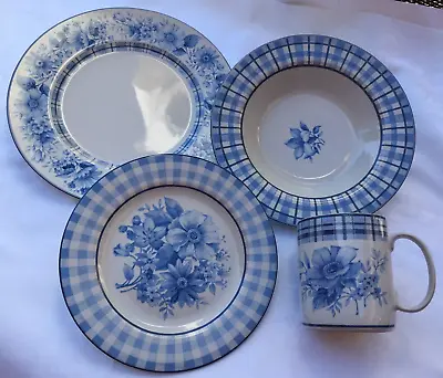 Buy Coventry Blue Gingham 14-piece Dinnerware Set. Blue/White Floral Stoneware • 41.74£