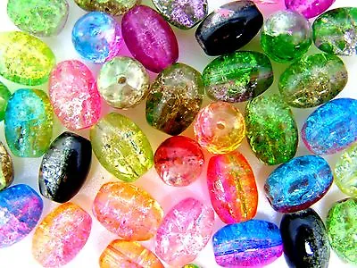 Buy 40 Pcs - Two Tone Mixed Colour 11mm Oval Glass Crackle Beads Jewellery • 2.49£