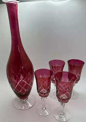 Buy Vintage Cranberry Cut Glass/Etched Decanter And 4 Glasses Sherry Set • 80.61£