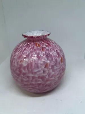 Buy Small Marked Hand Blown Glass Pink & White Speckled Round Glass Pot Vase 4  #LH • 5.41£