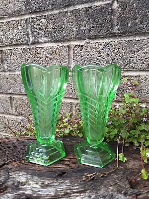 Buy Pair Of Art Deco Antique Green Pressed Glass Vases. Depression Glass • 25.37£