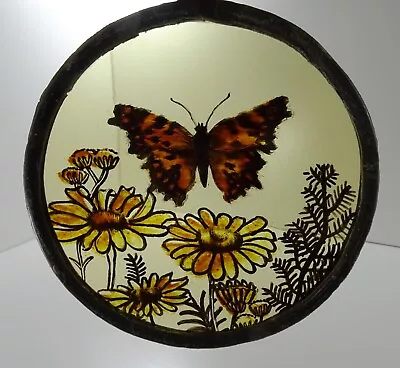 Buy Stained Glass Panel: Butterfly & Flowers. 100mm Diameter. With Hanging Loop • 14.75£