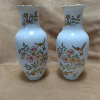 Buy Pair Of Art Deco Vases Exotic Hummingbirds Floral Vintage White Base Vgc • 23.78£