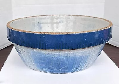Buy Vintage Antique Blue Daisy Lattice Mixing Bowl Primitive Salt Glaze Stoneware • 41.47£