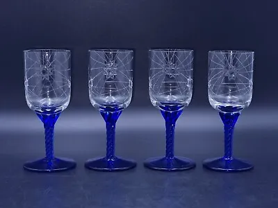 Buy Blue Twisted Stem Etched Crystal Bohemian Port/Sherry Glasses-Set Of 4 • 24.90£