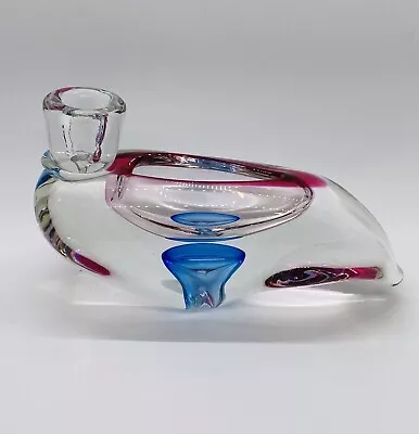 Buy Vtg Czech Bohemian Art Glass Clear Blue Red Candlestick Holder & Vase Heavy 60s • 51.76£