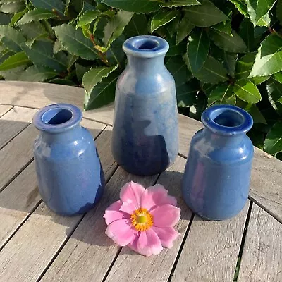 Buy Set Of 3 Vintage Ronuk Blue Stoneware Antique Glazed Pots Farmhouse Home Décor • 20.99£