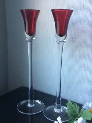 Buy 2x Décor Tall Candlestick Glass Set Red W/Clear Stem Xmas Display Table Tealight • 15.30£