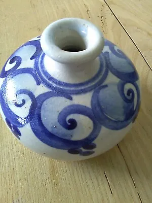 Buy Small Studio Pottery Bud Posy Vase Salt Glaze Blue Swirls Makers Mark 'W' Or 'M' • 10.50£