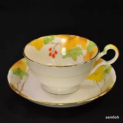 Buy Royal Grafton Footed Cup Saucer Yellow Green Leaves Red Berries W/Gold 1950-1956 • 42.45£