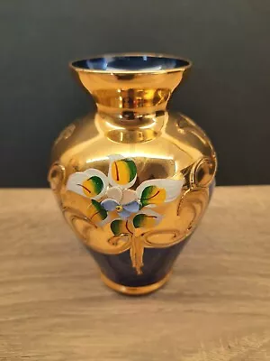 Buy Vintage Bohemian Cobalt Blue Glass Gold Enamelled 11 Cm Vase • 6£