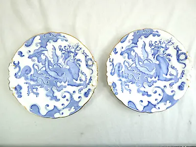 Buy 2 Royal Worcester Blue & White Gold Rim Dragon Handled Serving Plates 9  • 30£
