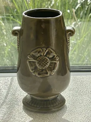 Buy Prinknash Pottery Dark Olive Green Vase 16cm Tall Embossed Flower To Front • 7.25£