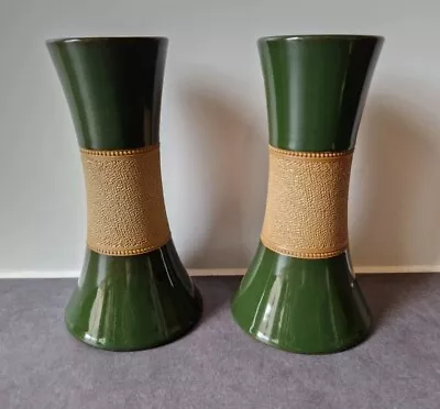 Buy Pair Lovatts Langley Stoneware Vases Green Glaze Textured Detail Arts Crafts 30s • 17£