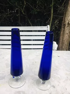 Buy Pair Cobalt Blue Empoli Glass Bud Vases. Vintage Retro MCM. Superb Condition. • 19£