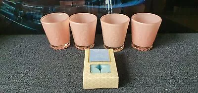 Buy 4 X Pink Coloured Glass Tealight Holders + 6 Free Sea Breeze Candles Free Post • 10.50£