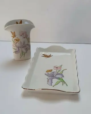 Buy Porcelain Vase Flare Opening Iris Butterfly Matching Tray Japan Made Pre-owned • 24£
