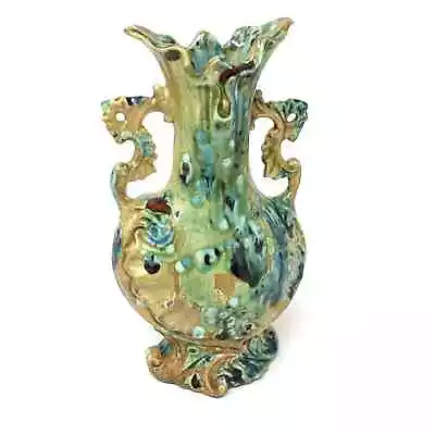 Buy Drip Glaze Vase Art Pottery Double Handle Signed Vintage 1970 Signed Blue Green • 48.05£