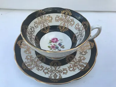 Buy Royal Grafton, Bone China. Teacup And Saucer. White/black With Gold • 5.99£