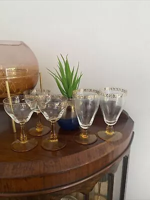 Buy Vintage Glassware | Amber Stemed Glasses With Gold Detail | 5 Glass Set • 12.50£
