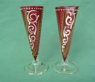 Buy 2 X Antique Bohemian Enameled & Gilded Cranberry Glass Small Posy / Spill Vases • 27.95£