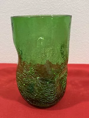 Buy VINTAGE MCM ART GLASS CRACKLE STYLE Hand Blown Pinched Drinking Tumbler Green • 19.13£