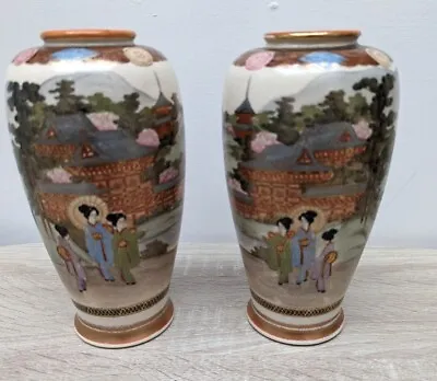 Buy Pair Of Antique / Vintage Japanese Satsuma Hand Painted Vases • 49.68£