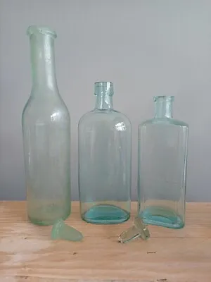 Buy 3 Vintage Aqua Blue Glass Dug Bottles 2 Stoppers Daddies Sauce Bubble Excavation • 4£