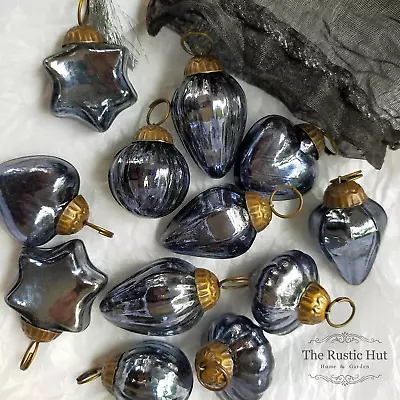 Buy Set Of 12 Indigo (Blue Grey) Mini Glass Christmas Baubles, Tree Decorations  • 12.50£