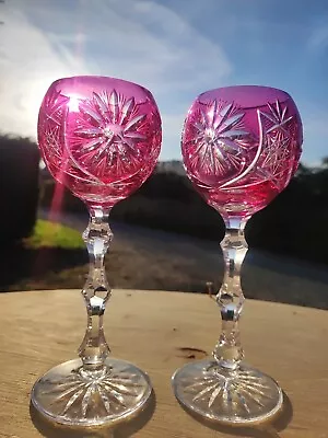 Buy 1 BOHEMIAN CUT TO CLEAR CRYSTAL HOCK WINE PINK Glass X2 Pair • 90£