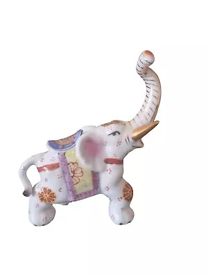 Buy Vintage DECORATED PORCELAIN ELEPHANT With Trunk Up-Gold Trim • 11.76£