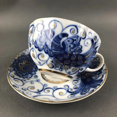 Buy Vtg Lomonosov Peacock Cup And Saucer Porcelain Cobalt Blue Made In USSR • 61.47£