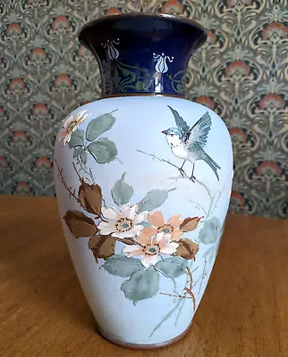 Buy Antique Art Nouveau Enamelled Lovall Langley Ware Pottery Vase Blue Tit Bird 14  • 85£