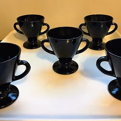 Buy Set 5 Black Amethyst Glass Chalice Cups Bowls Double Handled Vintage Custard • 23.98£