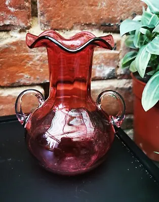 Buy Antique Cranberry Glass Vase With Double Clear Handles, Frilled At Top 13.5cms • 17.99£