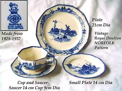 Buy Vintage Royal Doulton Blue & White Norfolk Pattern Plates & Cup, Saucer 4 Items • 19.99£