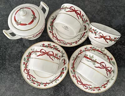 Buy Royal Worcester Holly Ribbons Drum 3 Tea Cups & Saucers, Large Sugar , Open Bowl • 185£