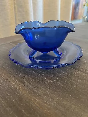Buy Vintage Antique 5.5  Blue Cobalt 3 Legs Bowl Glassware Glass And Under Plate • 16.12£