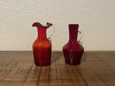 Buy 2 Vintage Hand Blown Rainbow Crackle Glass Mini Vases 1960’s Ruby Red Amberina • 17.33£
