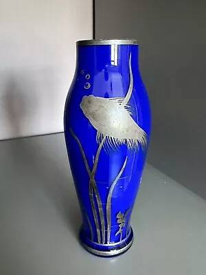 Buy Art Deco Silver Overlay On Cobalt Blue Glass Vase - Fish In Reeds • 30£