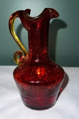 Buy Vintage Hand Blown Red And Orange Crackle Glass Pitcher Vase 5” Orange Glows • 18.95£
