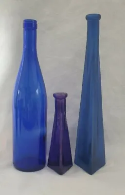 Buy 3 Vintage Decorative Glass Bottles In Blue And Violet Various Sizes • 14£