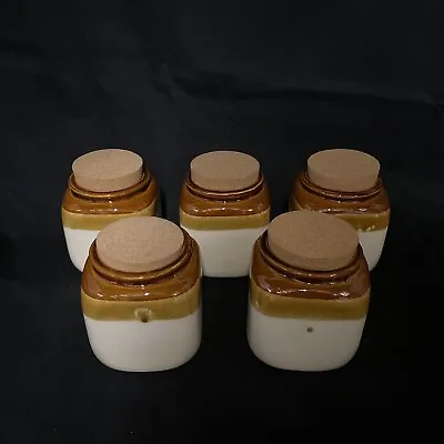 Buy Set Of Five Glazed Stoneware Storage Jars Vintage With Stickers Cork Lids • 9.95£