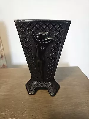 Buy Vintage McKee Black Amethyst Glass Art Nouveau Nude Lady 3 Sided Triangular Vase • 94.49£